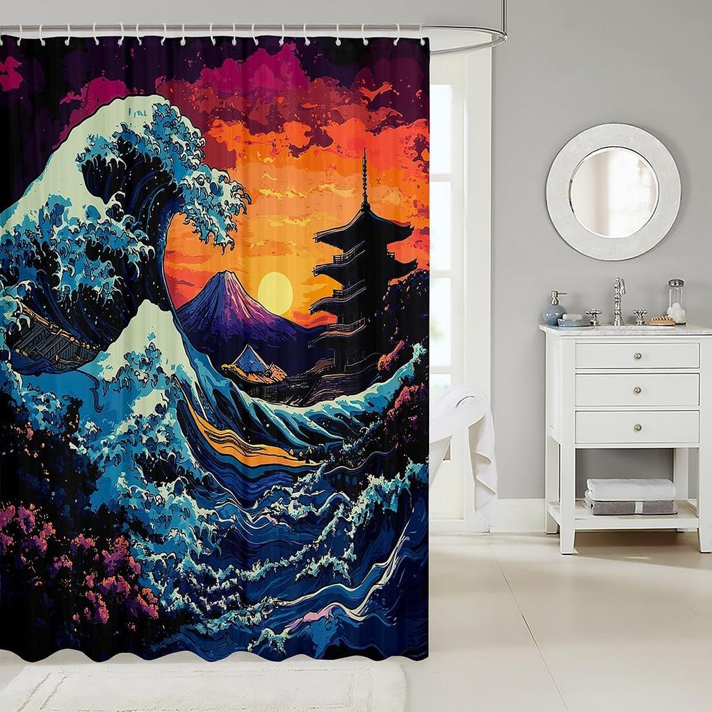 Feelyou Japanese Wave Bath Curtain for Boys Girls Fuji Mountain Shower Curtain Waterproof Japanese Style Bathroom Shower Curtain