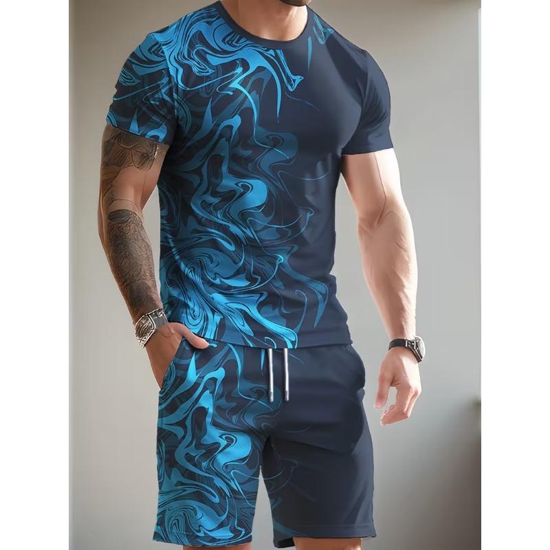 

Men s Summer Novelty Wolf Pattern Printed Set, Short Sleeve Round Neck T-shirt 2-piece Set XL