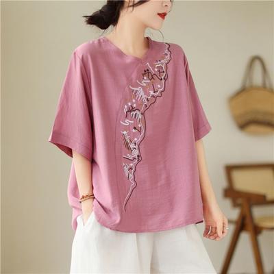 Ethnic Style Women's Retro Embroidered Top Solid Color Summer Blouses Chinese Style Plus Size Loose Breathable Cotton Linen Shirt