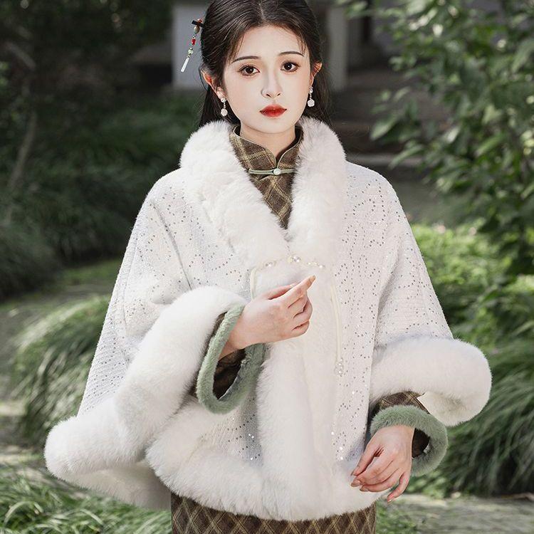 Cheongsam Outer Shawl Cloak Fall and Winternew Arrivalretro Cloak Fleece-lined Thick Heattechoutwear for Women