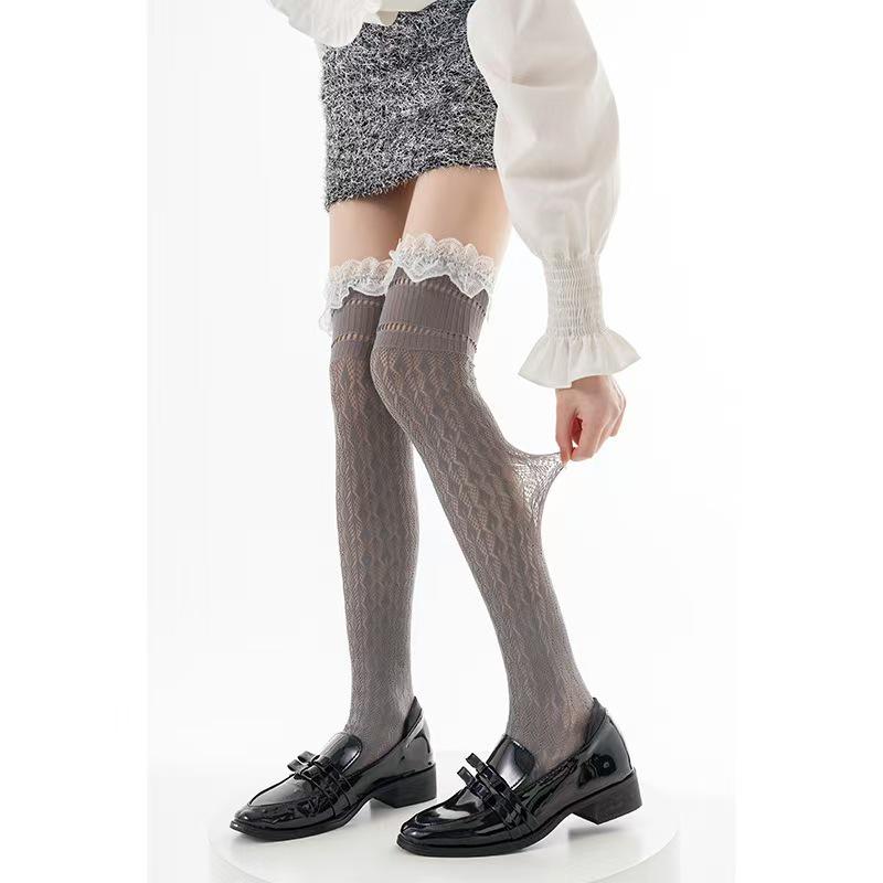 White Lace Flower Pattern Ruffled Calf Socks for Women - Ultra-Thin, Sexy, Sweet, Hollow, Long Boot Socks