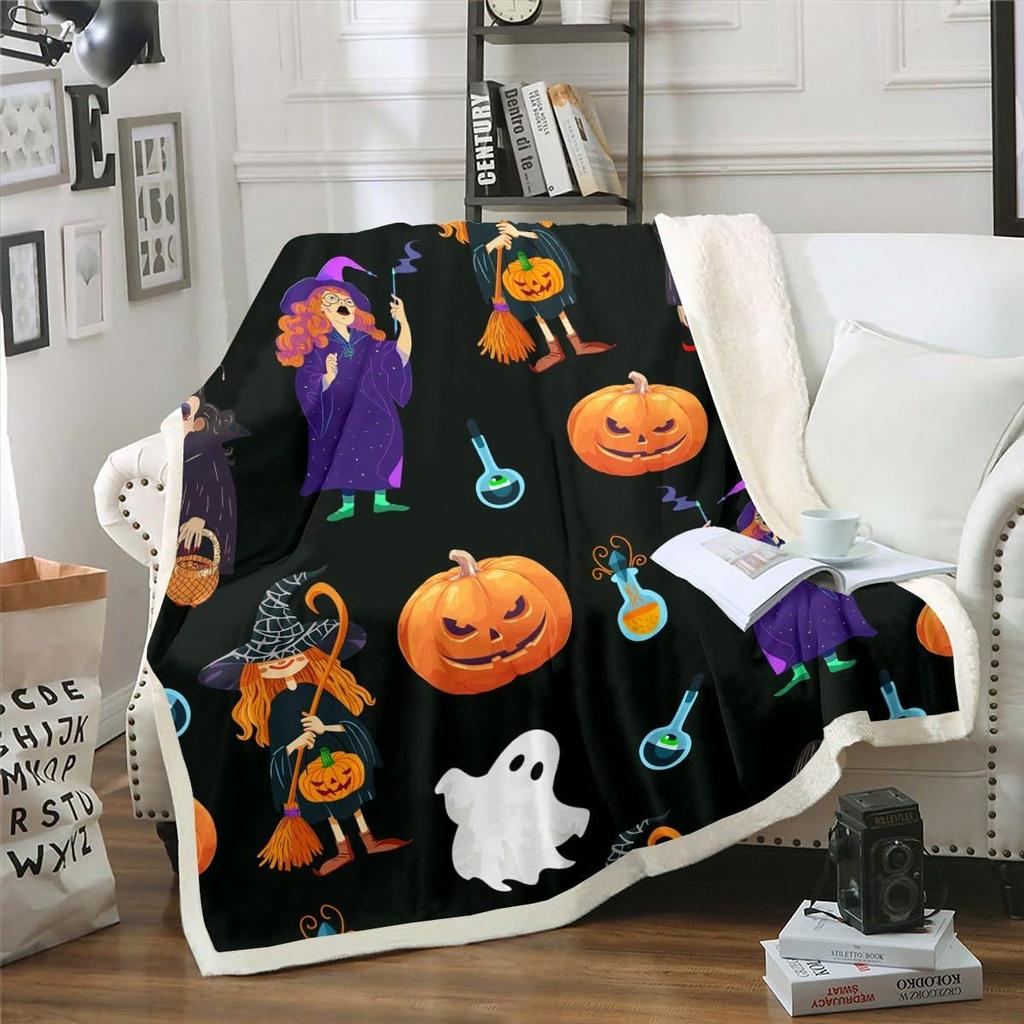 Halloween Ghost Blanket Soft Fleece Throw Pumpkin Spider Web Design Home Decor Party Gift Kids Room