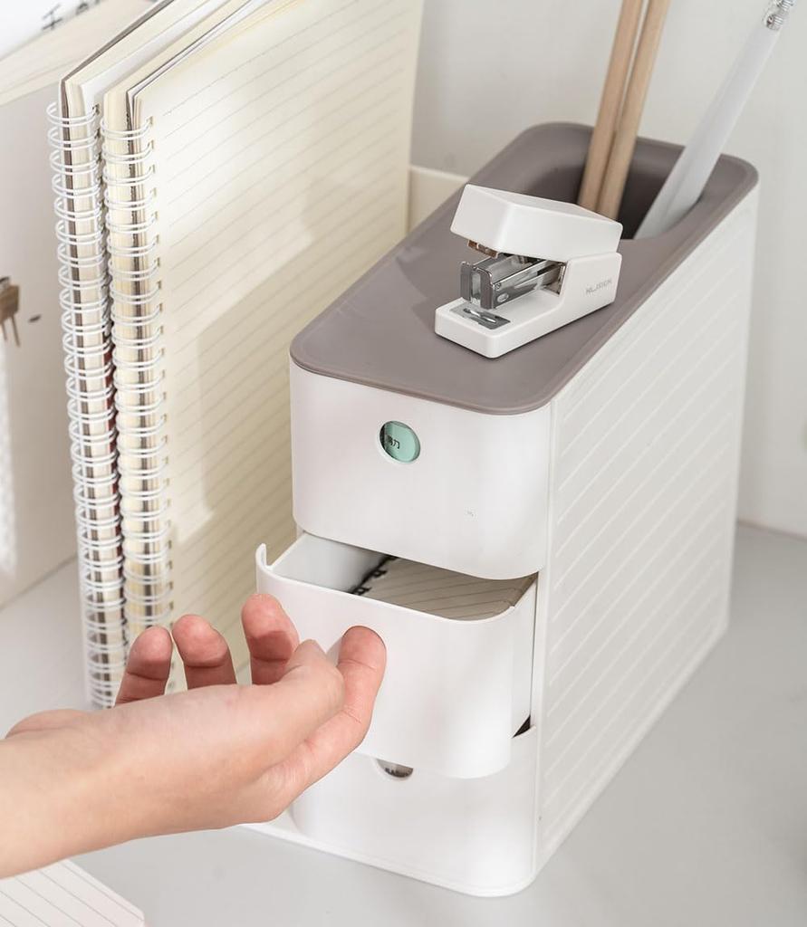 This White Desk Organizer Combines Storage and Book Storage. It Has a Book Stand, Drawer, and Pen Holder, Allowing You To Store Everything from