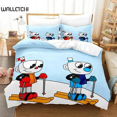 Cartoon Mugman Cuphead Bettwäscheset Bettbezug Bettset Steppdecke Kissenbezug Bettdecke King Queen Größe Jungen Erwachsene Bettwäscheset