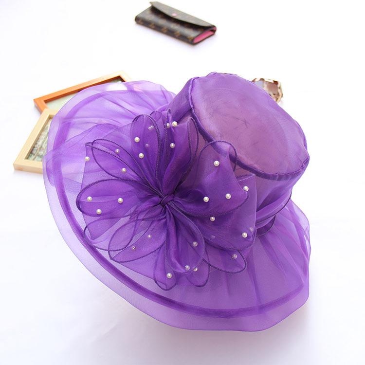 New Retro Wedding Hat Pearl Mesh Flower Top Hat Double Organza Sunshade Big Eaves Hat Sun Hat Women