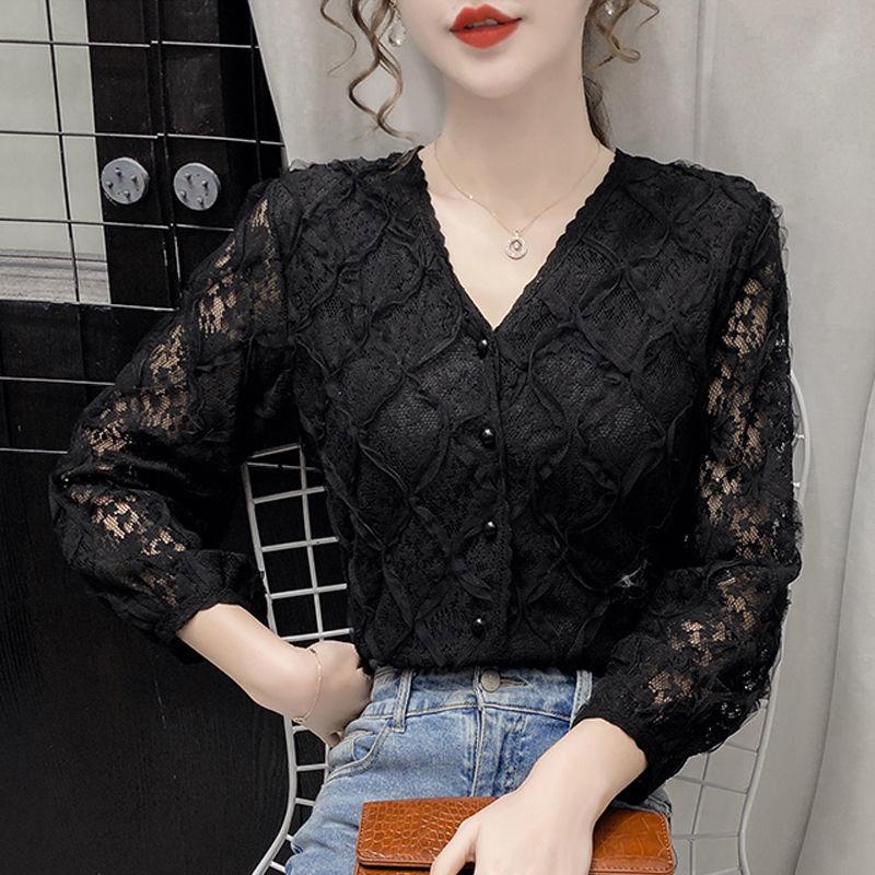 

Women s Stylish Korean Lace Shirt - Slim Fit Long Sleeve Top for Autumn 2022 Extra Large чорний
