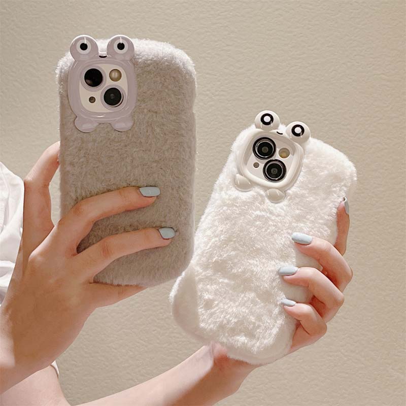 Cute Frog Eyes Design Autumn and Winter Long Plush TPU Mobile Phone Cover Case for Iphone 11 12 13 14 15 16 Pro Max
