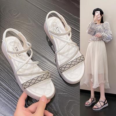 Fashion Open Toe Beige Heeled Sandals 2025 Women's Low-Heeled Shoes With Strap Peep Black Rhinestone New Low-heeled Girls Summer Comfort