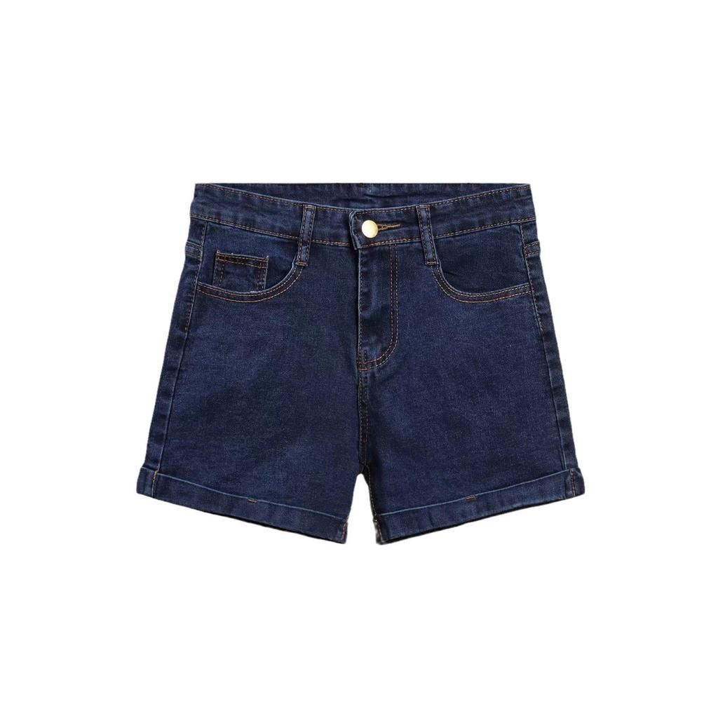 Women's High Waist Black Denim Shorts - 2025 Korean Style, Elastic, Slimming, Rolled Hem, Trendy Summer Hot Pants