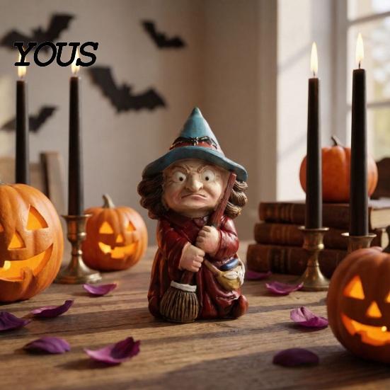Halloween Party Decoration Witch on Broomstick Resin Figurine, Gnome Statue with Wizard Hat, For Shelf Vintage Spooky Decor for Desk Table,