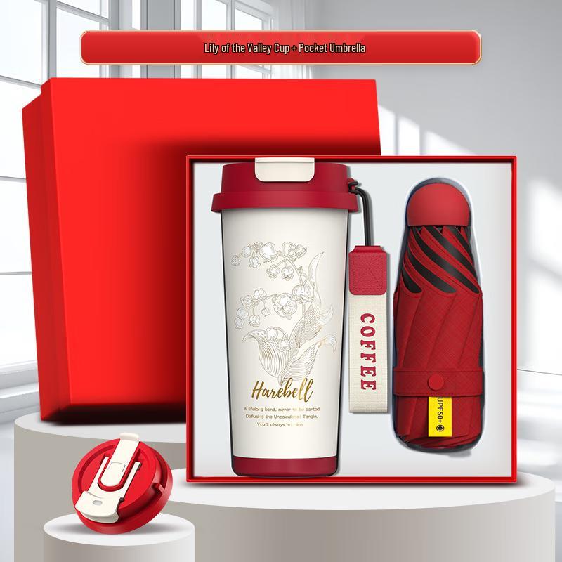 Red Business Gift Set with Lily of the Valley Coffee Cup & Umbrella