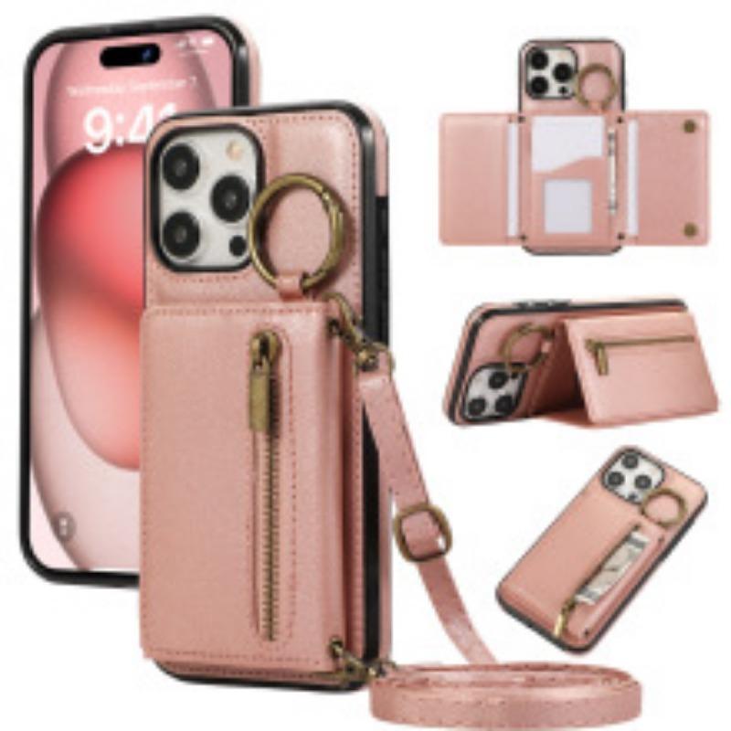 Suitable for Phone17  multiple phone models, Crazy Horse pattern double buckle phone leather case, Apple 16e/15 card insertion sticker protective case