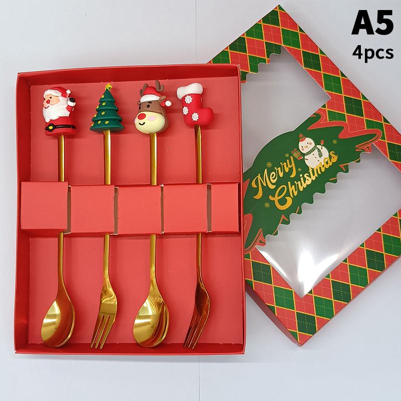 1/2/4/6 Stück Edelstahl Löffel Weihnachts Dessertlöffel Kuchengabel Cartoon Weihnachtsbaum Elch Löffel Gabel Weihnachtsgeschenkbox