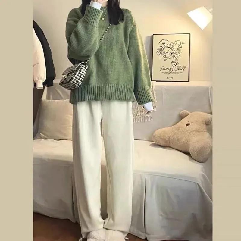 Women's Loose Casual Retro Round Neck Pullover Sweater Thickened Fall and Winter Knitted Tops Jacket