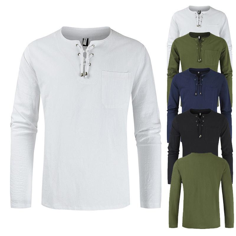Mens Long Sleeve Cotton Linen Blouse Loose Henley V-Neck Tops T Shirts Blouse