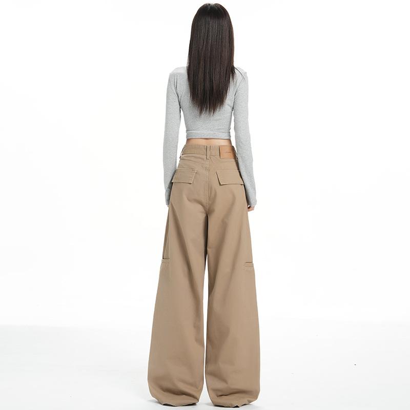 "High Quality" khaki overalls women's 1116 spring new casual wide-leg straight denim trousers lengthened 69