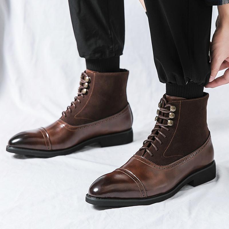 Fashion Designer New Men's Pointed Lace Up Brown Black Shoes Trend Casual Luxury Fashion High-top Ankle Boots