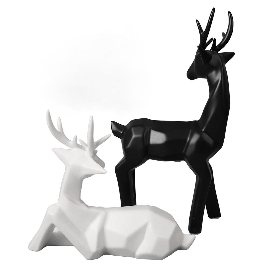2Pcs Christmas Reindeer Figurines Elegant Lines Geometric Ceramic Stable Elk Sculpture for Family