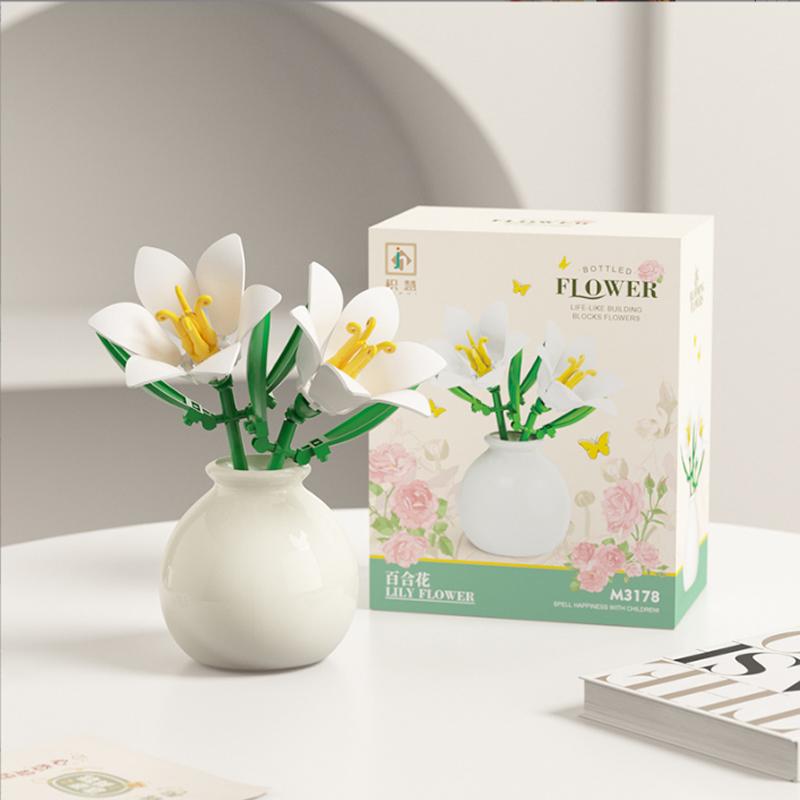 Building block pot plant bouquet of flowers, roses, lily building blocks, toys with flower pots, cute living room ornaments gift