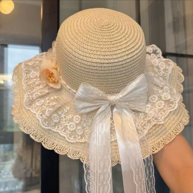 Weaving Lace Bow Sun Hat With Wide Brim For Beach And Vacation