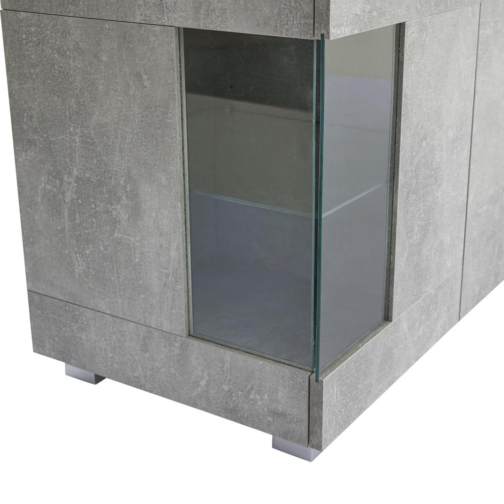 Sideboard Hochglanz Kommode Anrichte Schrank 4 Türen & Offene Staufächer, Mehrzweckschrank Glastüren, Wohnzimmer, Esszimmer, Zementfarbener