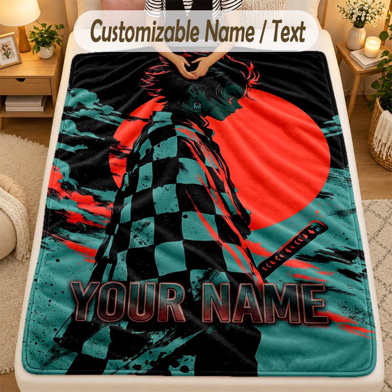 Flannel BlanketDemon Slayer Custom Name Text Personalized Soft Warm Throw Blanket Home Decor Gift