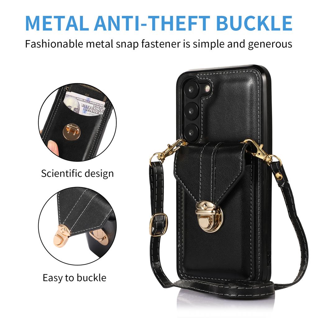 Phone Cover for Samsung Galaxy S23+ PU Leather+TPU Card Holder Kickstand Case with Shoulder Strap