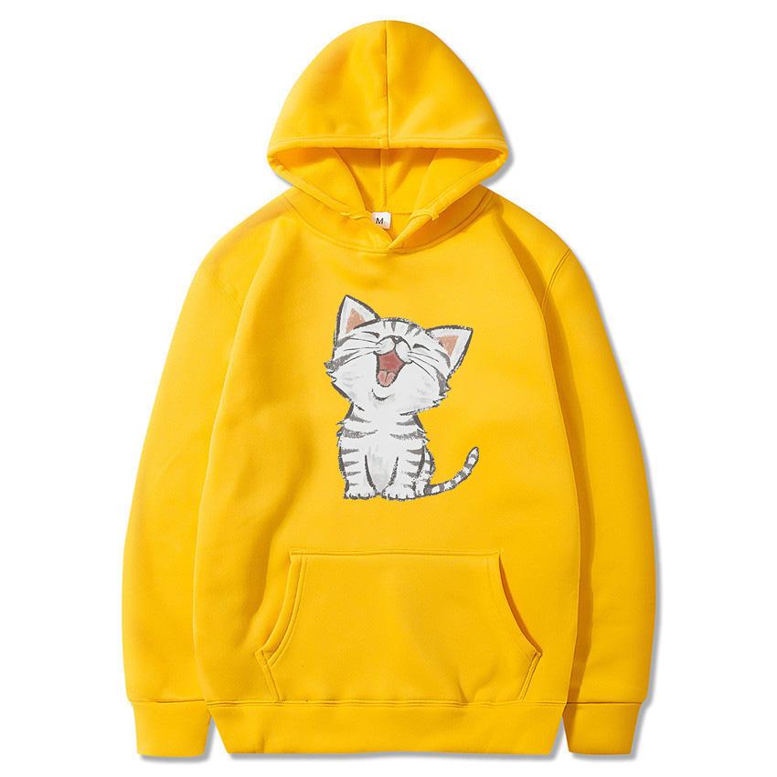 Autumn Winter Solid Color Cat Classic Hoodie Men's Daily Casual Harajuku Hoodie Y2K Street Wear Warm Hoodie