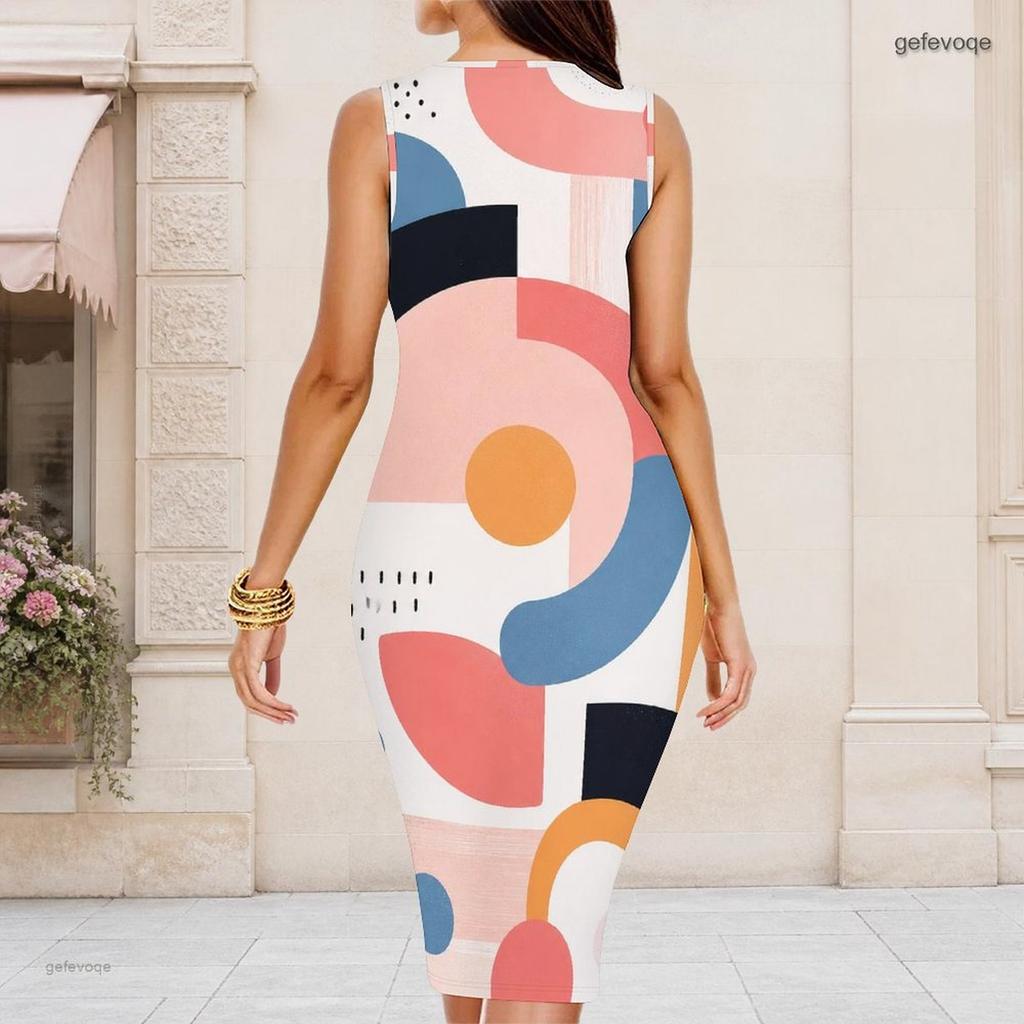 Women Plus Size Round Neck Sleeveless Printed Bodycon Midi Dress
