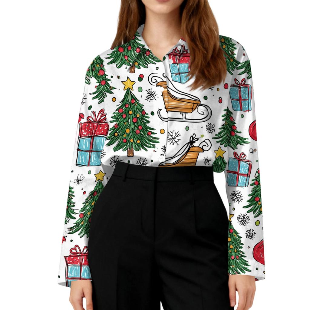 Women's Casual Christmas Print Long Sleeve Cardigan Top for Holiday Festive Wear