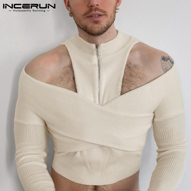 

INCERUN Пружина с плеча Топы Молния Вверх Водолазка Тонкий белый