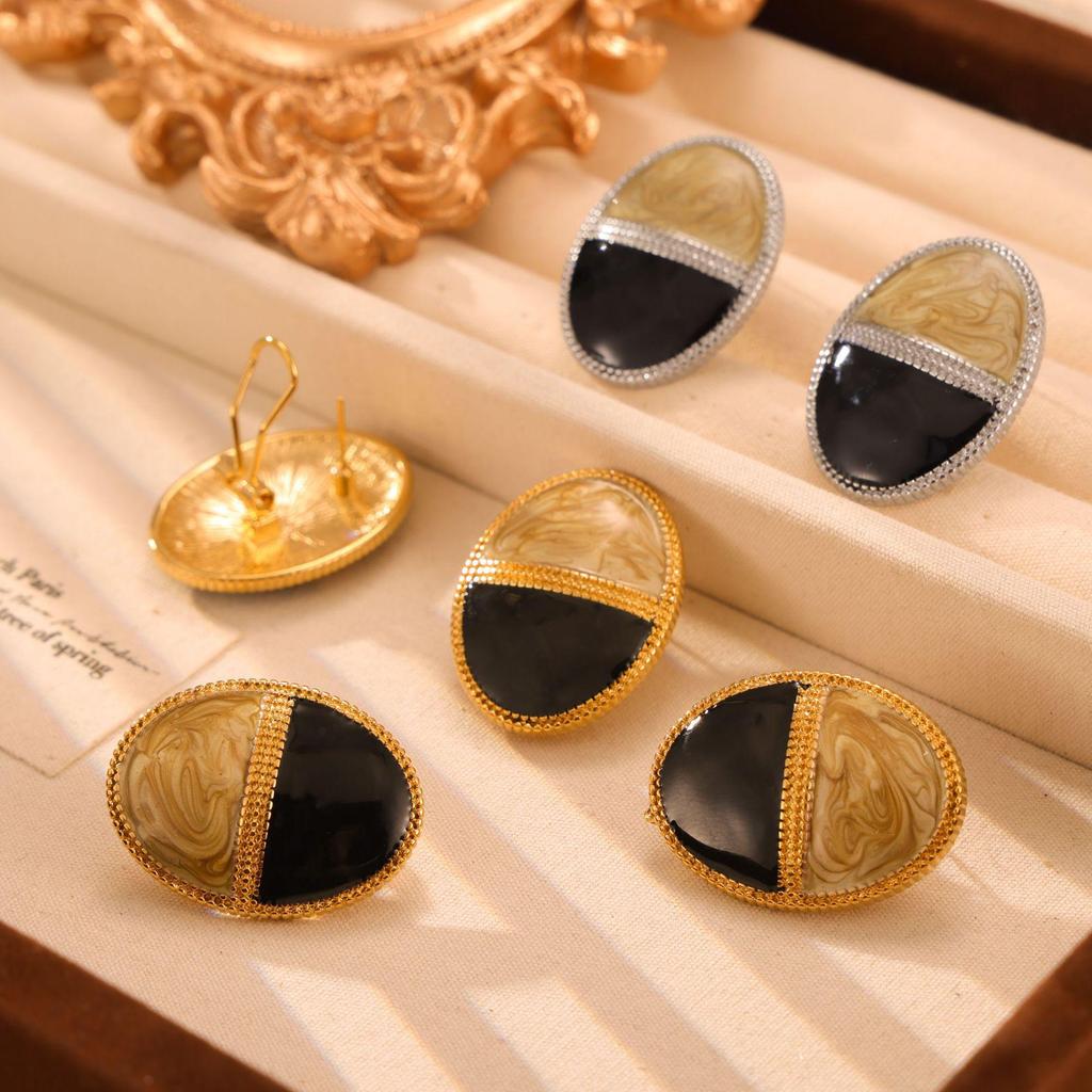 18k Gold-Plated Two-Tone Oval Button Earrings with Titanium Steel Ear Cuffs - European, American, Japanese, Korean Style.