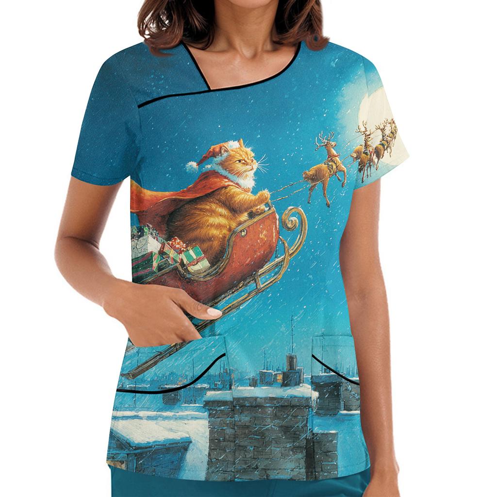 Women's Printed Work Clothes, Sloping Collar And Double Layer Pockets, Basic Top Pullover