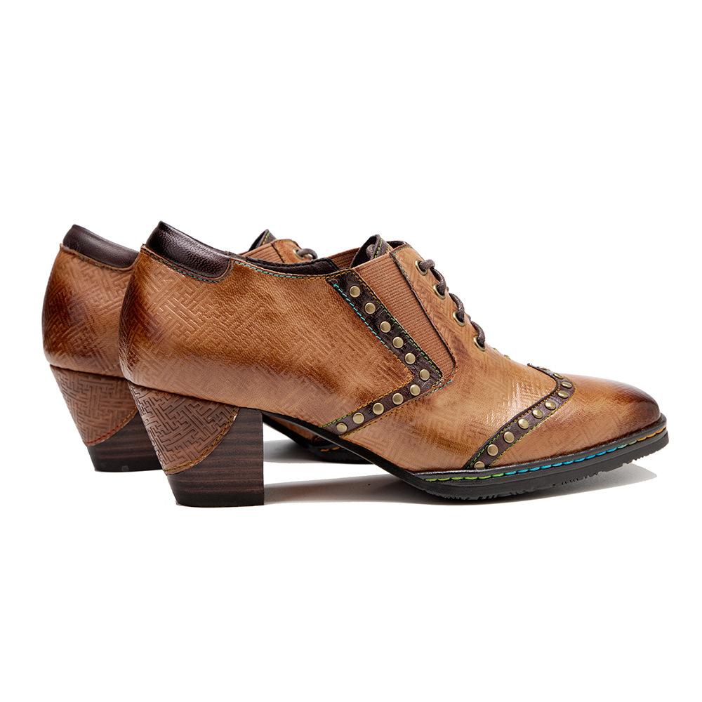 Johnature Echtes Leder Damen Pumps Handbemalt Vintage Karree Niete Schnürung Dicker Absatz High Heels Schuhe
