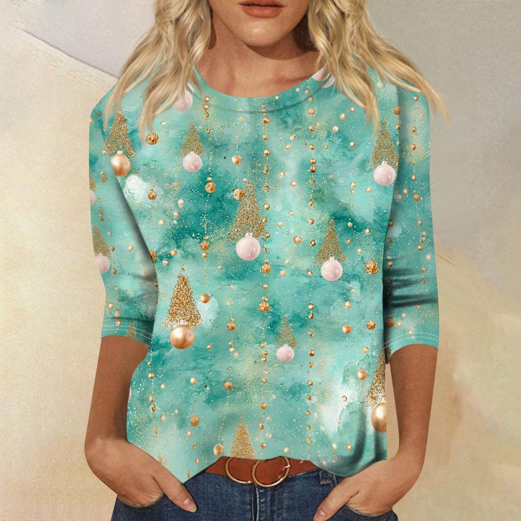 Women's Casual Christmas Print Three-Quarter Sleeve Round Neck Loose Fit Shirt