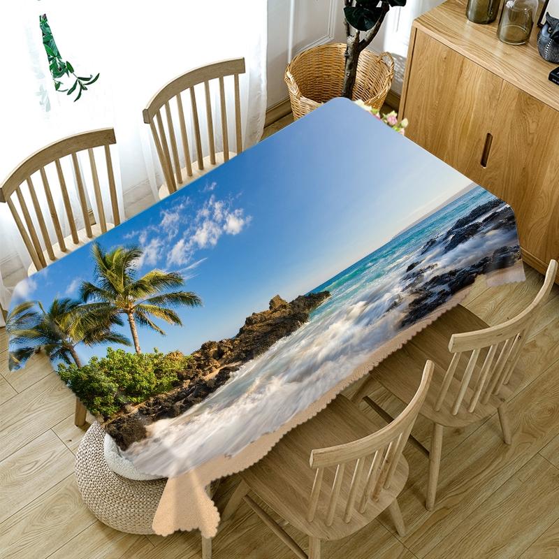 Beach Waves Pattern Coconut Tree Tablecloth Dustproof Thicken Cotton Rectangular Round Table Cloth For Wedding Picnic Party