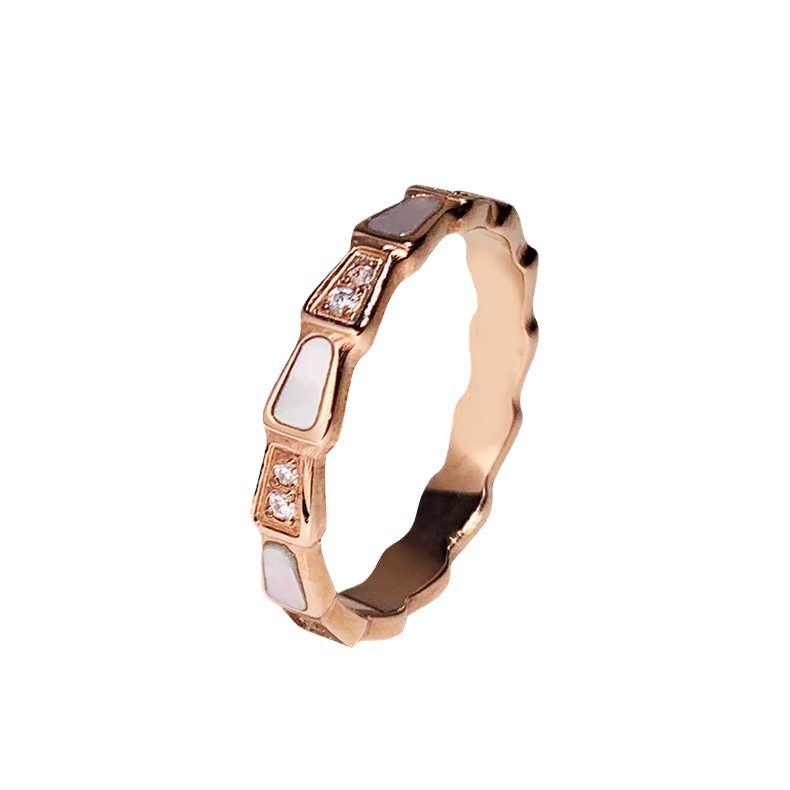 18k Rose Gold Diamond-Set Snake Bone Ring with White Mother-of-Pearl Inlay - Women's Chic Index Finger Jewelry