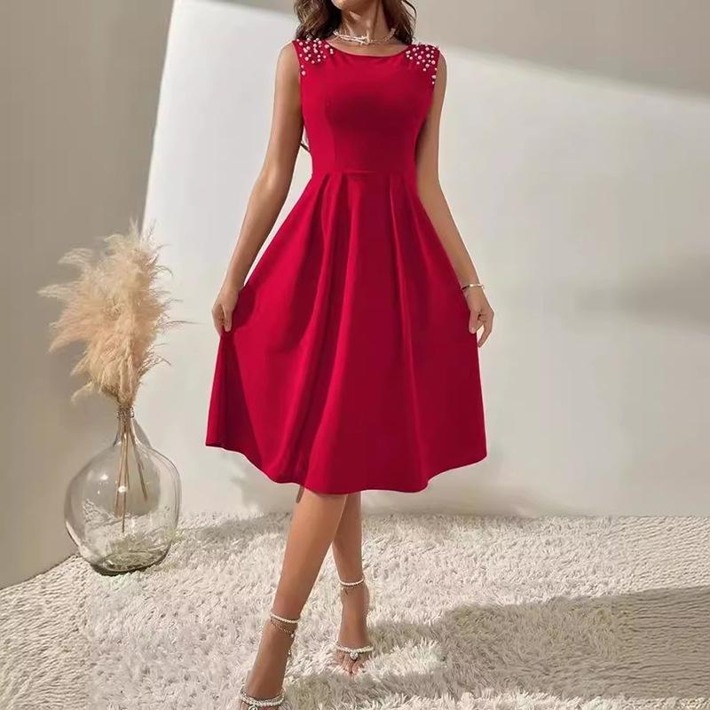 2024 Summer Women's Sleeveless Beaded Slimming Round Neck Dress