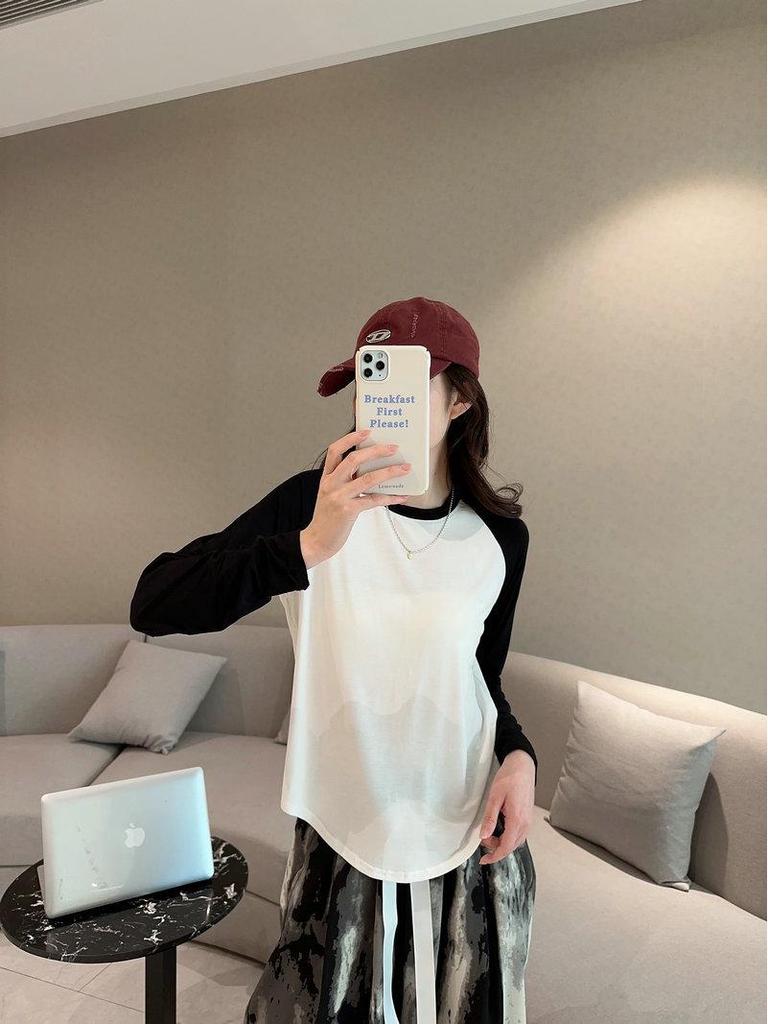 2024 Women's Black & White Color Block Raglan Long Sleeve Retro T-Shirt - Spring/Summer Loose & Slimming Base Layer