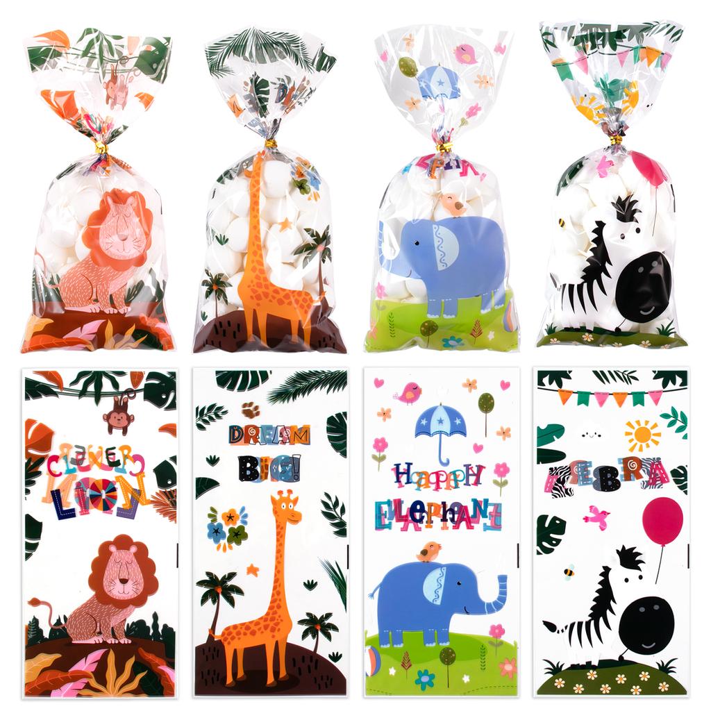 50pcs Jungle Safari/Dinosaur/Unicorn Party Gift Bags Plastic Candy Treat Bag Party Decorations for Kids Birthday Baby Shower