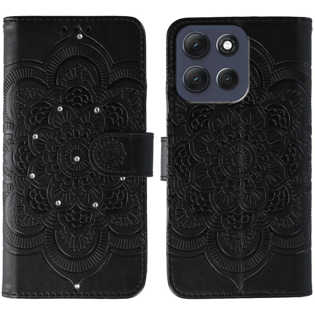 For Motorola Moto G86 5G Case Rhinestone Decor PU Leather Mandala Imprinted Design Phone Cover with Wrist Strap