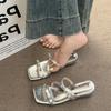 Bow Square Head Low Heel One-word Drag Spring and Summer 2025 New Wear Sandals Fairy Style Versatile Cool Slippers