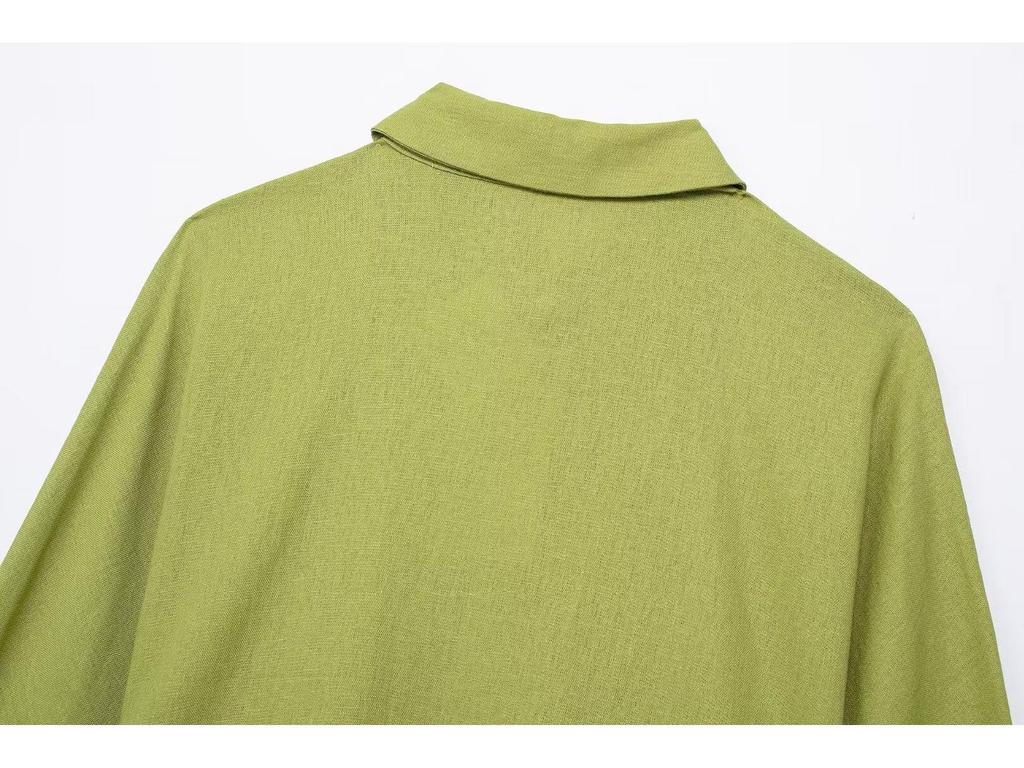 Damski zestaw lniany w stylu europejskim i amerykańskim: koszula z szerokimi rękawami i spodnie z prostymi nogawkami na gumce