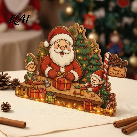 Rustic Winter Home Accents Christmas Wooden House Ornament, Santa Claus/Snowman/Elk Sleds/Winter Cabins Elk Sleigh Tabletop Decor Scene Figurines,