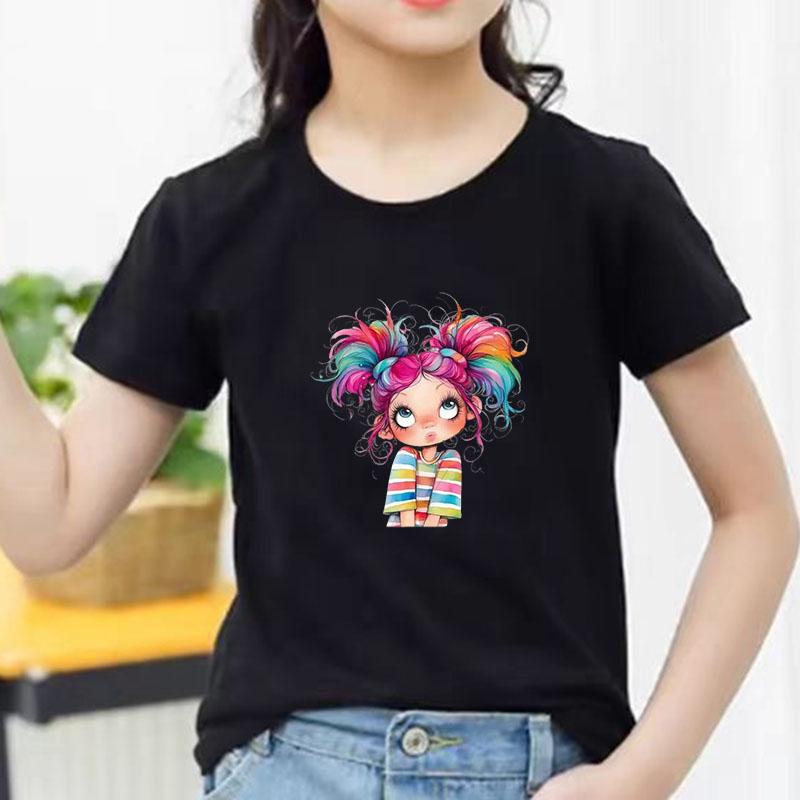 Kids Cotton T Shirt Colorful Rainbow Hair Girl Print Crew Neck Short Sleeve Tee Casual Boys Girls Summer Tops