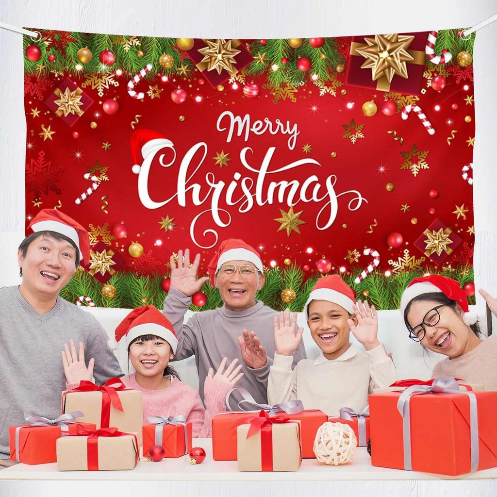 MEHOFOND Merry Christmas Backdrop Banner, Xmas Tree Gifts Gold Snowfalke Bells Red and Green Christmas Party Decorations
