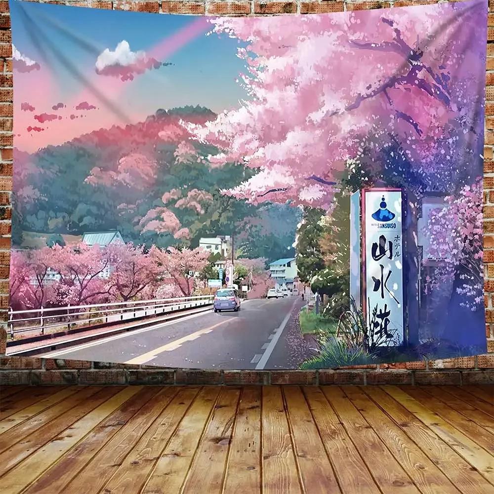 VIKAMA Anime Landscape Tapestry Japanese Mountain Cherry Blossom Tapestry Cherry Blossom Village Art Wall Bedroom Tapestry
