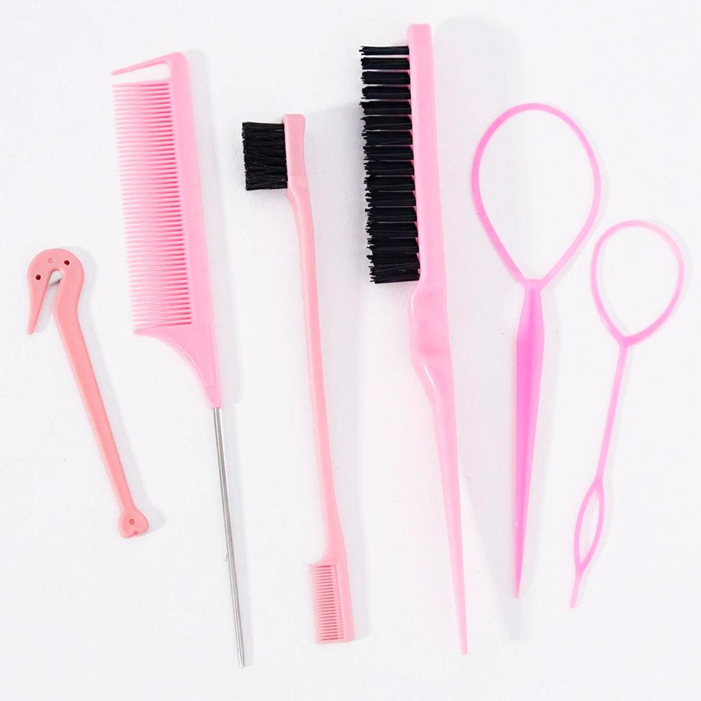 6pcs Hairdressing tool set,weaving tool ring,rat tail comb,tearing comb brush,edge control brush,suitable for all hair types