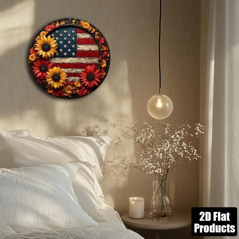 American Flag Sunflower Round Metal Wall Art 8x8 Inch Patriotic Aluminum Sign For Home Kitchen Bar Office Decor
