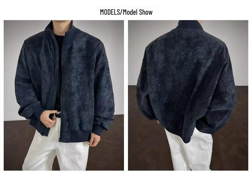 Men's Tie-Dye Leather Bomber Jacket with Stand-Up Collar - Trendy Autumn Heavyweight Outerwear